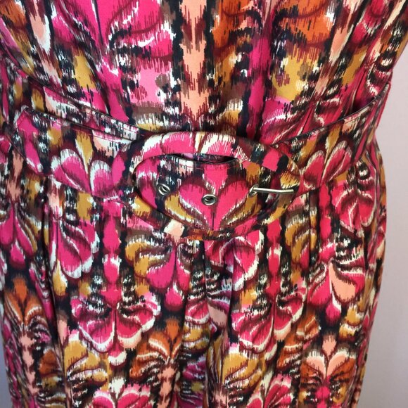 Muse Fit & Flare Dres Size 12 Woman Pink Yellow Abstract Sleeveless Belted Retro - Picture 11 of 14